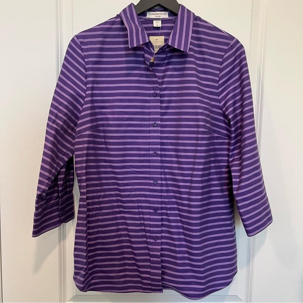 Coldwater Creek Striped Perfect No Iron Button Down Shirt Purple Size L NWT